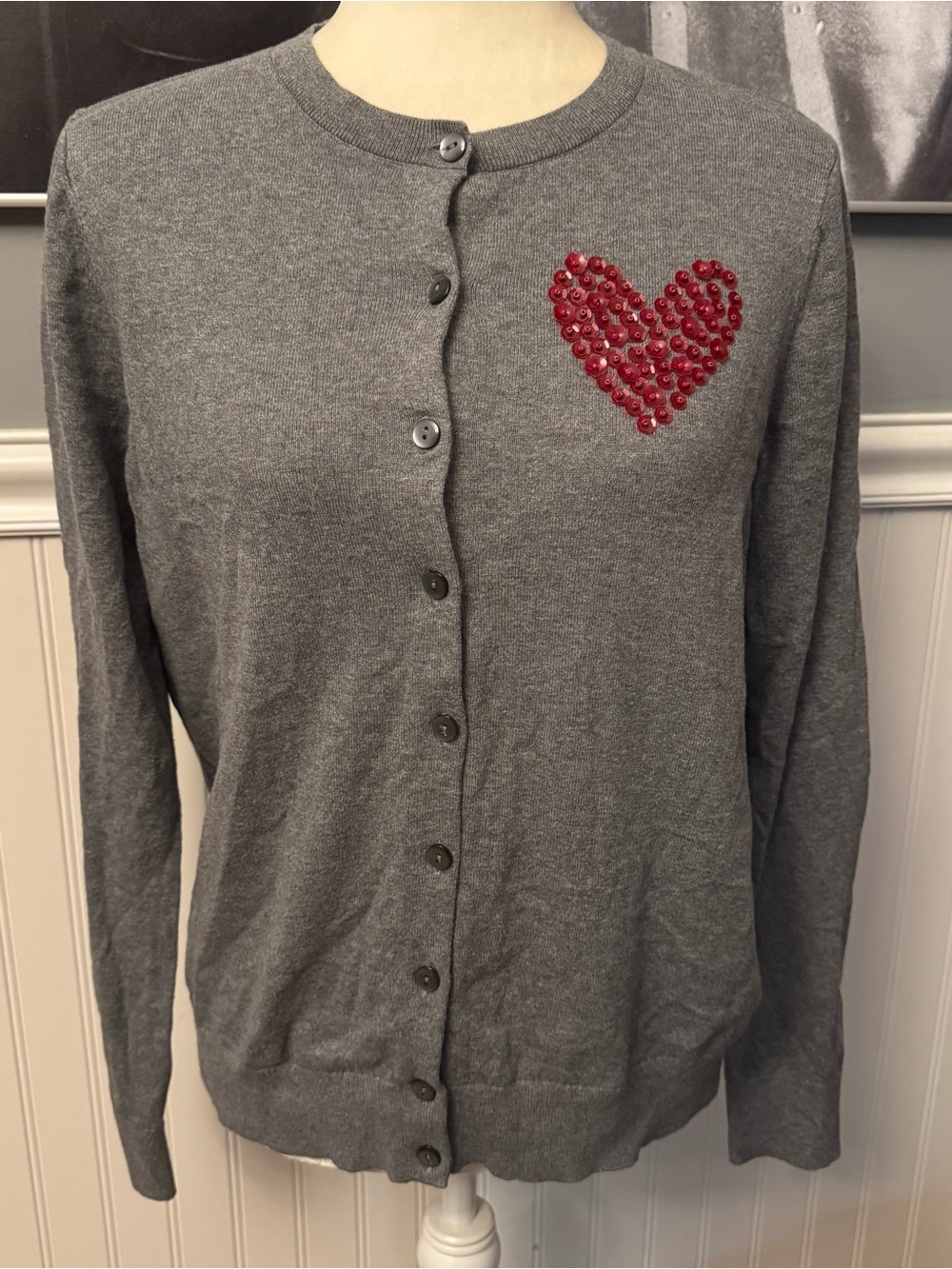 Loft Outlet Gray Sweater Cardigan Red Heart 100% Cotton Size Large